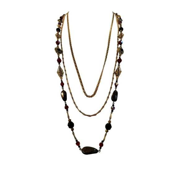 Vintage Miriam Haskell Possible Garnet Triple Layer Gold Tone Necklace, Signed - Picture 1 of 16